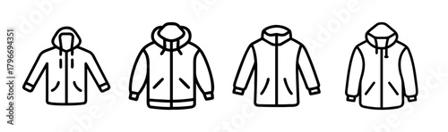 Collection of four hooded windbreaker jackets line art apparel fashion clothing