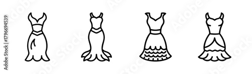 Collection of four distinct hand-drawn fashionable dresses including mermaid style outfits
