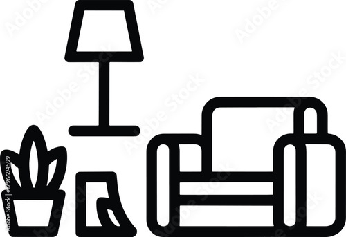 Black line art of a potted plant armchair and lamp on white furniture