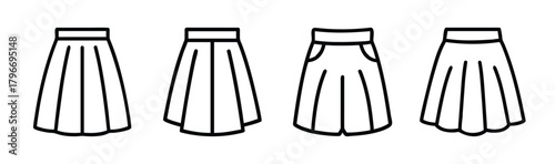 Four styles of pleated midi skirts sketched in a simple outline design perfect for fashion concepts