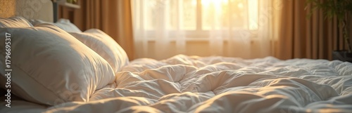 Sunlight streams through window onto neatly made bed with pillows and covers. Gentle morning light fills cozy bedroom setting. Peaceful atmosphere for rest and relaxation.