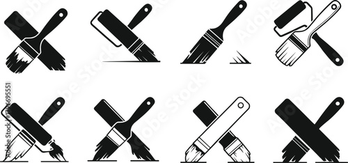 Paint brush and roller vector icons, black and white painting tools, home improvement symbols, construction equipment, renovation graphics, flavector