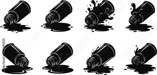 Tipped bottle spill vector icons, black and white liquid splash, ink paint puddle illustrations, dripping fluid graphics set, collection, flavector