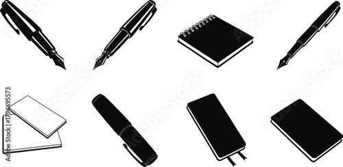 Writing tools icons, fountain pens, notebooks, minimal vector, black and white, office supplies, sketch style, stationery set, flavector