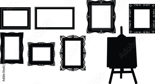 Picture frame icons, easel silhouette, vector set, black and white, art display, gallery elements, minimal design, flavector