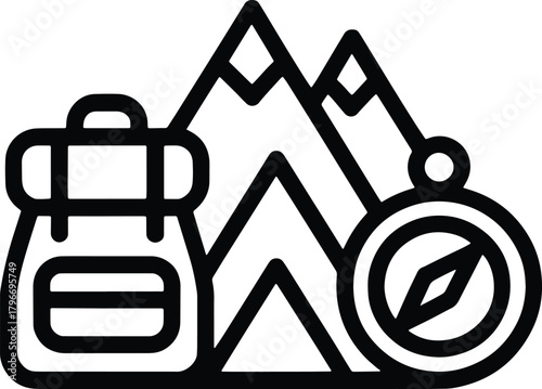 Black outline illustration of backpack mountains and compass on white travel adventure
