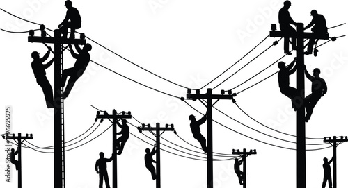 Flat vector illustration of utility workers climbing power poles, electrical line maintenance, energy infrastructure, teamwork, safety, outdoor work, electricity, construction