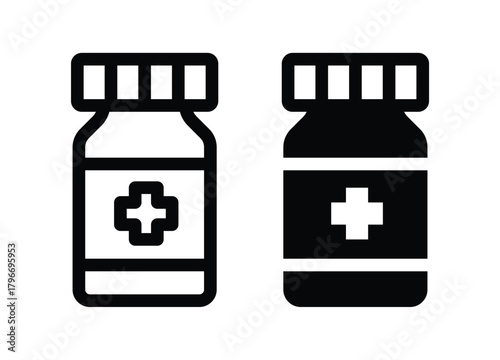 Black and white icons of medicine bottles with cross symbol on labels