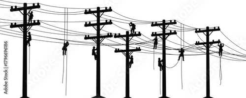 Flat vector silhouettes of utility pole workers climbing, repairing electrical lines, teamwork, safety gear, electricity infrastructure maintenance occupation illustration design