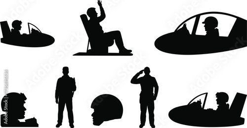 Flat vector silhouettes of pilots, cockpits, aviation crew, military personnel, saluting figures, helmet heads, aircraft operator illustration design