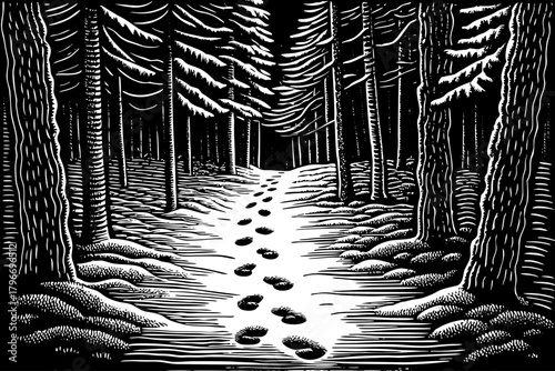 Fresh animal footprints cross untouched snow between tall trees, leaving a quiet trail of presence in a serene frozen forest setting