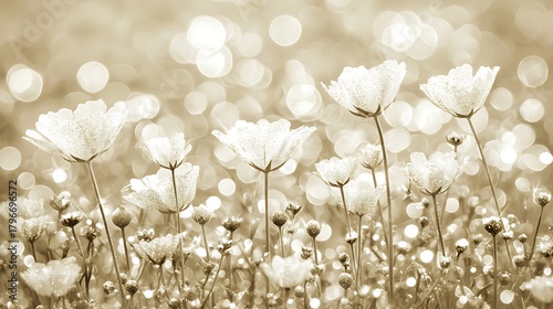 Minimal glowing festive background combining white tone, gold sparkle, and small seasonal decorations