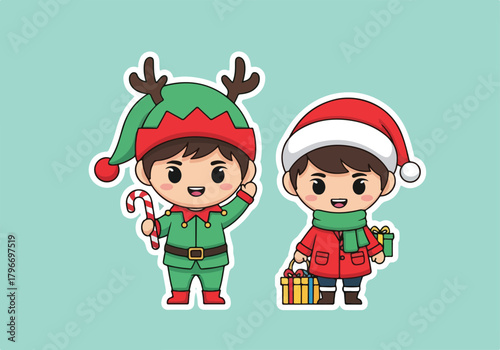 Charming Christmas sticker pack featuring two cute cartoon elves holding candy cane and gift box, perfect for holiday decorations and crafting