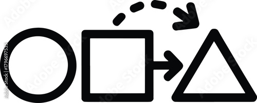 Black outlined circle square triangle with dashed arrow transition process flow