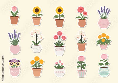 A vibrant sticker pack featuring an assortment of potted plants including sunflowers, roses, orchids, and lavender, perfect for adding a touch of nature to any project