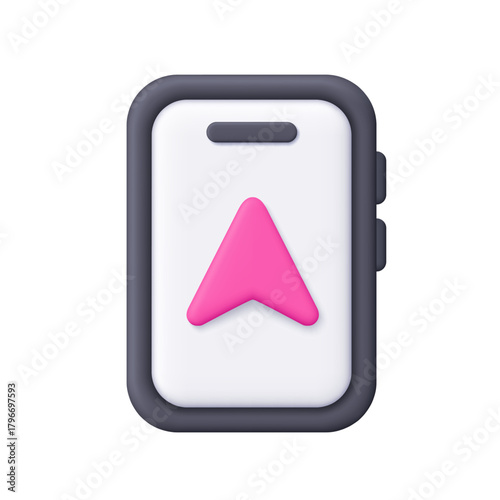 Smartphone with pink navigation arrow on the screen. GPS, direction, location, geotag and map app concept. 3d vector icon. Cartoon minimal style.