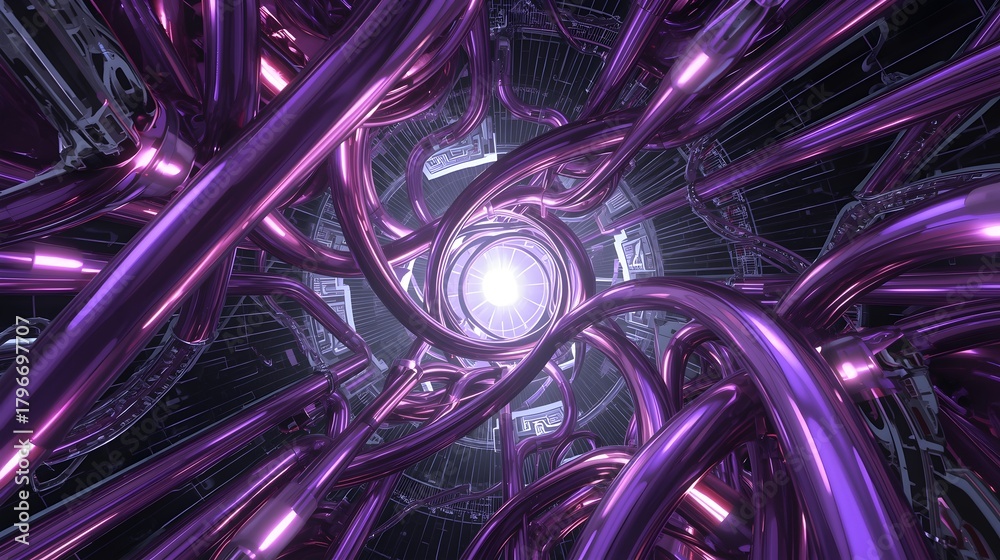 Fototapeta premium Futuristic Purple Tubes Converging Toward Light in Abstract Tech Grid. 