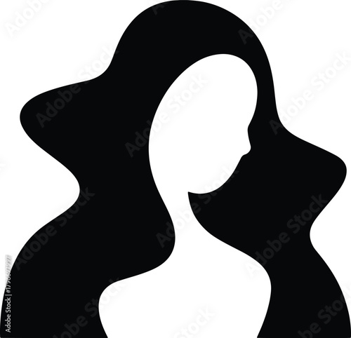 Black silhouette of a woman with flowing wavy hair on white background female head