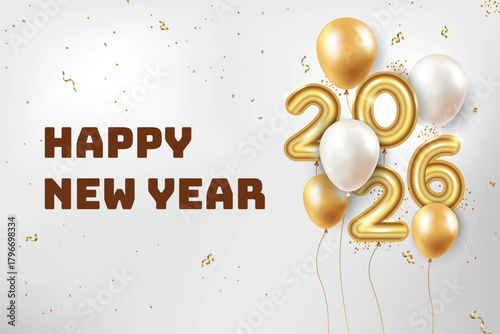 2026 New Year Premium Text With Floating Balloons On Silver Background. New Year's Eve Clearance Sale Offer Theme Vector Illustration For Greeting, Invite Card, Website, Banner, Postel, Flyer, Etc.