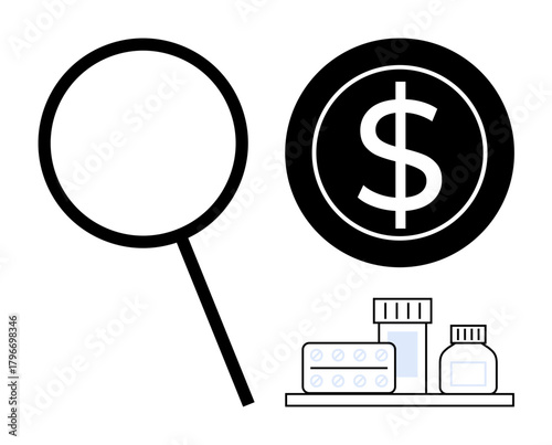 Magnifying glass, dollar sign, and medicine on a shelf representing research, financial evaluation, and costs. Ideal for healthcare, affordability, pharmaceuticals, policy economics marketing
