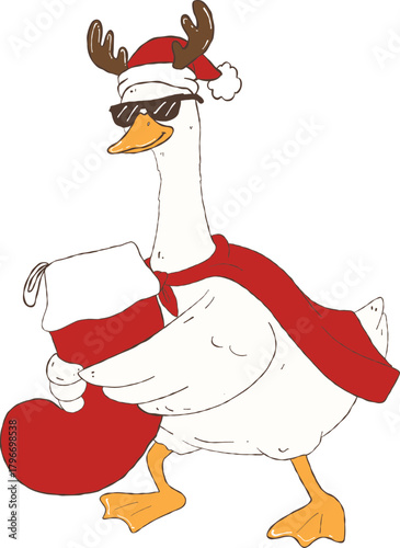 funny christmas goose illustration, silly winter goose clipart, playful holiday geese artwork holding a Candy Sock.