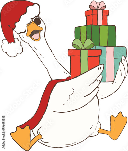 funny christmas goose illustration, silly winter goose clipart, playful holiday geese artwork holding a gift.