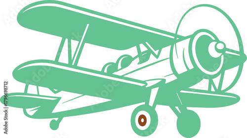 Green biplane aircraft with propeller and wheels on white background airplane aviation