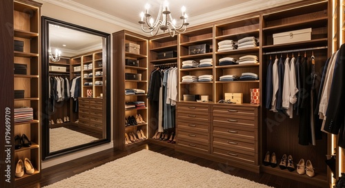 Elegant walk-in closet with custom dark wood cabinetry, organized clothing storage, a large mirror, and a classic chandelier