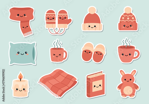 Cozy winter cartoon sticker pack featuring cute kawaii elements for warm and comfortable lifestyle and seasonal decoration, perfect for crafts and journaling