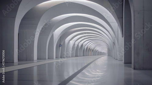 Futuristic subway station with sleek arches and clean lines, showcasing modern design and bright lighting that creates serene atmosphere