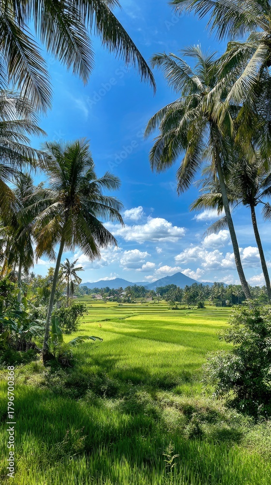 Fototapeta premium Lush green rice field scene framed by palm trees, mountains, and a blue sky