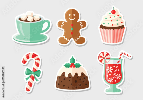 Festive Christmas cartoon sticker pack with delicious holiday treats including hot chocolate, gingerbread man, cupcake, candy cane, pudding, and cocktail perfect for seasonal decoration and crafts
