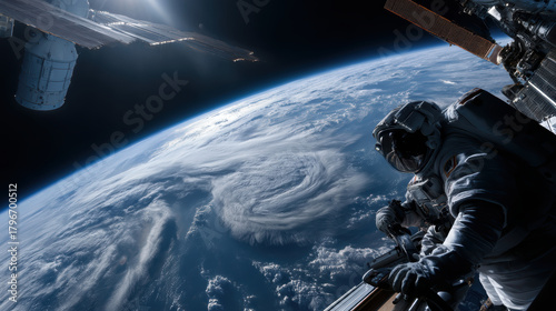 Fototapeta Naklejka Na Ścianę i Meble -  Astronaut gazing at Earth from space station window, curved blue planet, swirling cloud formation, solar array and module visible, contemplative atmosphere and scientific exploration
