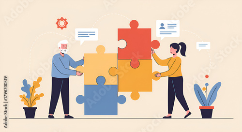 Illustration of a team assembling puzzle pieces, representing collaboration and creative solutions in a modern and professional style.