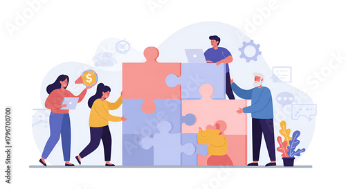 Illustration of a team assembling puzzle pieces, representing collaboration and creative solutions in a modern and professional style.