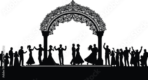 Elegant dancing silhouette illustration, ornate archway vector art, festive celebration design, wedding party concept, formal event artwork, joyful social gathering, flavector