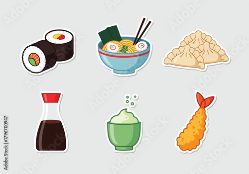 Japanese Cuisine Sticker Pack Sushi Rolls, Ramen Bowl, Gyoza Dumplings, Soy Sauce, Wasabi, and Tempura Shrimp Food Illustrations