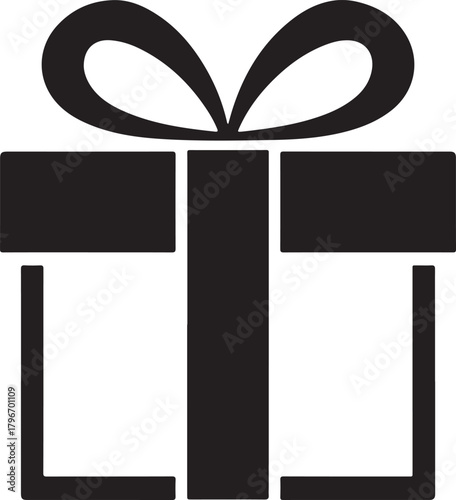 Gift box vector silhouette with ribbon bow isolated on a black background for celebration and surprise