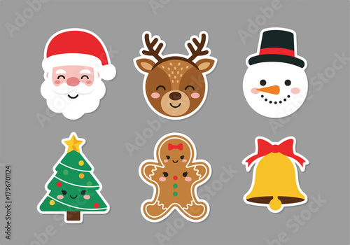 Cute Christmas Sticker Pack featuring Santa Claus, Reindeer, Snowman, Christmas Tree, Gingerbread Man, and Bell - Perfect for Holiday Decorations and Craft Projects