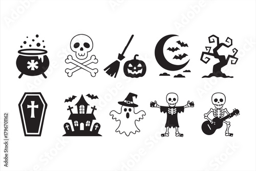 Creepy holiday illustration set featuring witches, skulls, bats, and eerie trees