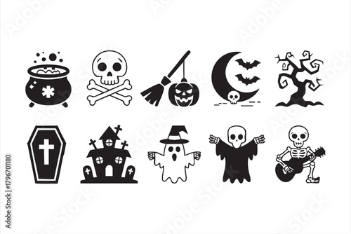 Spooky Halloween vector icons with ghosts, skeletons, pumpkins, and haunted themes