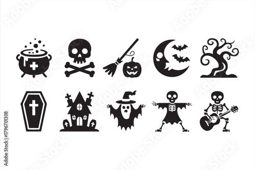 Seasonal Halloween graphic pack with cauldron, haunted house, and spooky characters