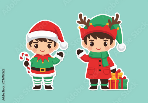Adorable Christmas elves in festive attire, holding candy canes and gifts, perfect for holiday decoration stickers, part of sticker-pack-68