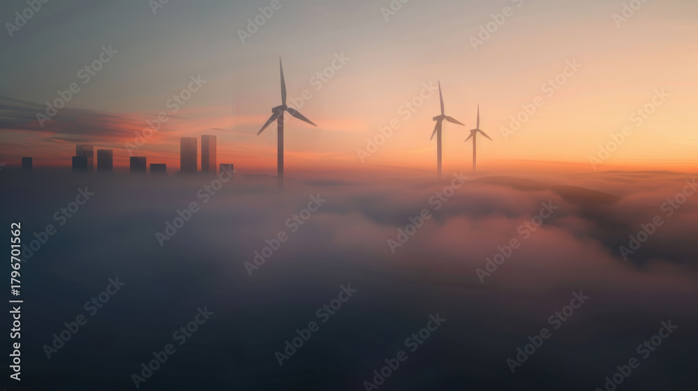Obraz premium Wind turbines rise above foggy city skyline sunset, creating serene and innovative atmosphere. scene captures blend of nature and urban