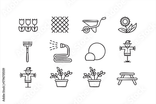Line art garden tools and plant illustrations for horticulture graphics