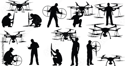 Flat vector illustration of drone operation, human interaction, aerial technology, quadcopter maintenance, pilot control, inspection, assembly, professional unmanned aircraft system