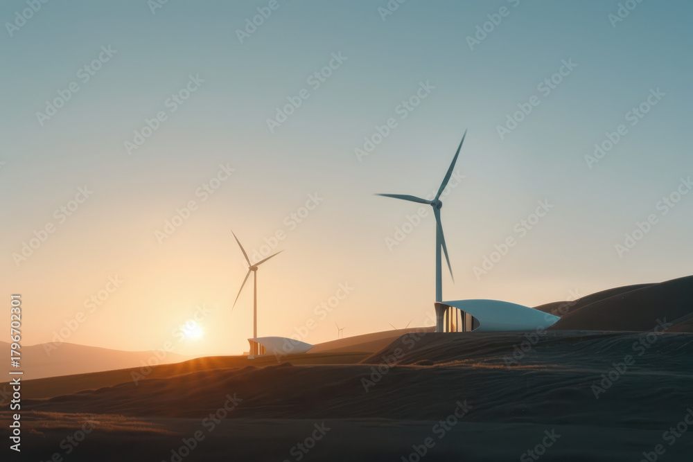 Obraz premium Serene landscape featuring wind turbines sunset, showcasing renewable energy desert setting. scene evokes sense of tranquility and innovation