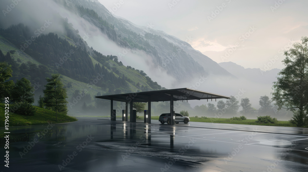 Naklejka premium Eco charging station in mountain area with solar canopy, surrounded by misty hills and greenery, creating serene atmosphere