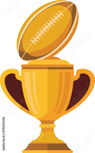 Golden rugby ball and championship trophy vector illustration representing sports victory and achievement