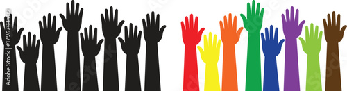 Raised hands flat icons set, showing diverse human arm silhouette black and colorful vectors illustration for volunteer support, unity, voting, teamwork, participation, charity and community concept.